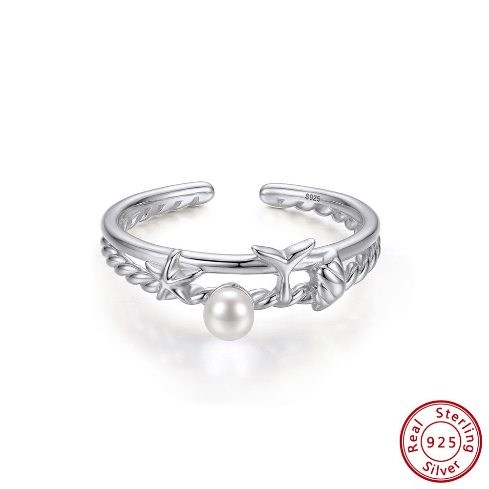 Kemstone Starfish Ring for Women Pearl 925 Sterling Silver Adjustable Open Ocean Style Gold Silver APR46