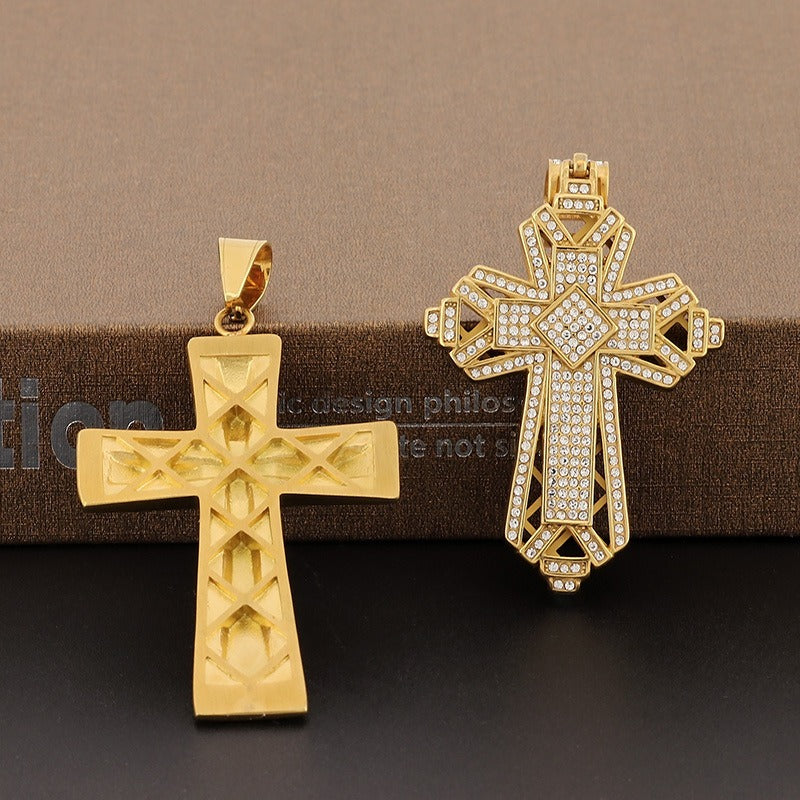 Kemstone Titanium Steel Gold Dual Cross Pendant Necklace – Hip Hop Cubic Zirconia Hollow Design KP130467