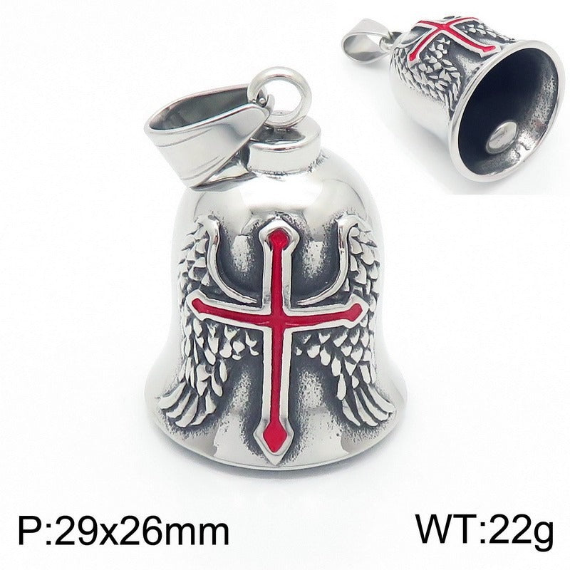 Kemstone Viking Symbol Bell Pendant Necklace for Men – Norse Masonic Cross Stainless Steel Biker Jewelry KP130935