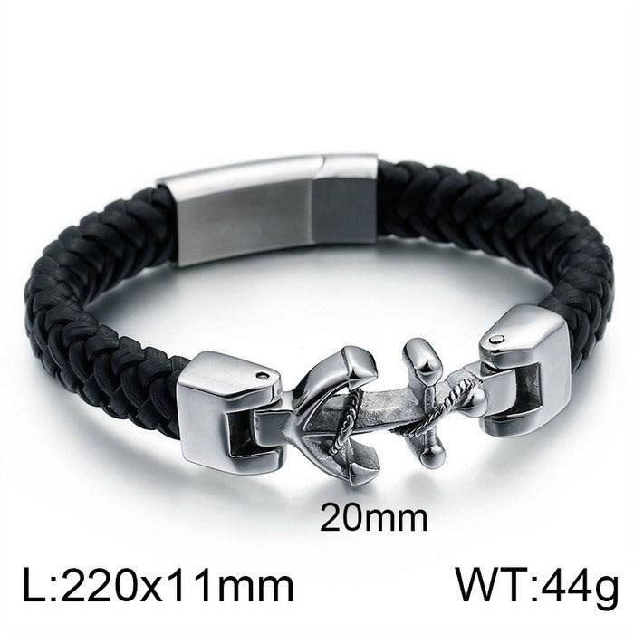 Kemstone Stainless Steel Skull Anchor Braided Leather Cuff Bracelet Punk Biker Style KB53392-K