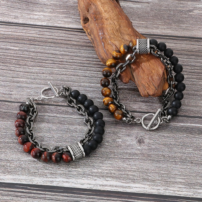 Kemstone Tiger Eye & Turquoise Bead Bracelet – Dual-Layer Steel Chain Men’s Jewelry with Vintage Map Stone Vibe KB182645