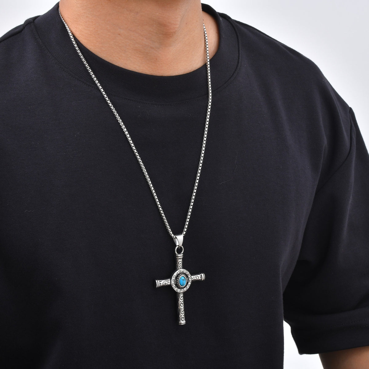 Kemstone Stainless Steel Turquoise Cross Necklace for Men Scrollwork PN-2459