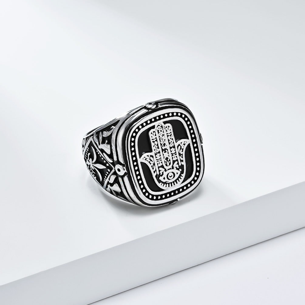 Kemstone Men’s Stainless Steel Hamsa Hand Ring – Vintage Protection Jewelry K-R904