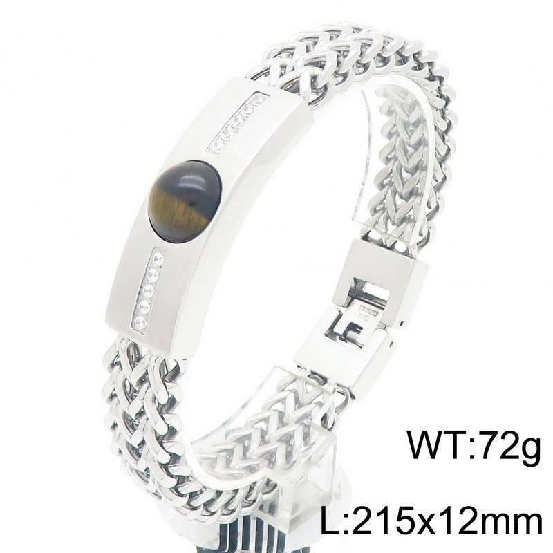 Kemstone Hiphop Zirconia-Encrusted Vintage Dual-Chain Tiger's Eye Stone Curb Men's Bracelet KB187685