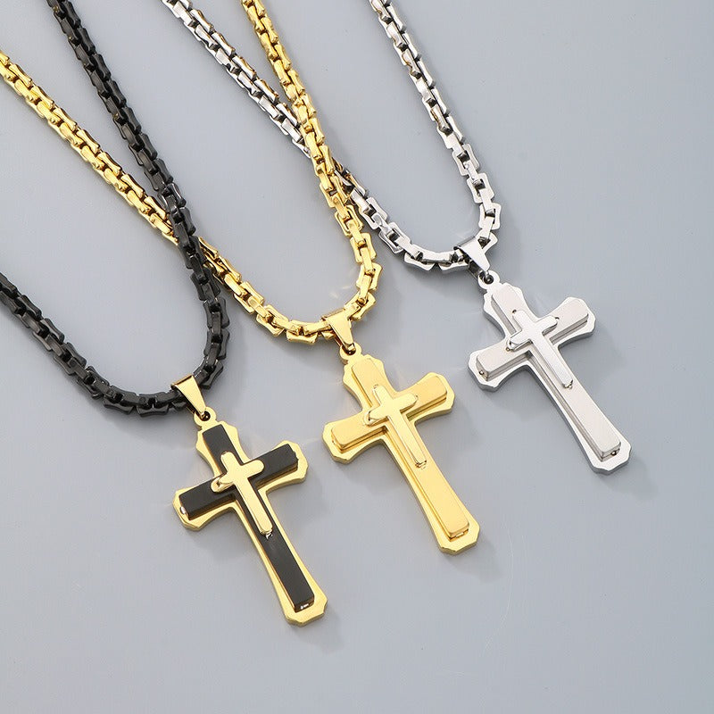 Kemstone Titanium Steel Vintage Bamboo Chain Necklace – Triple Cross Pendant for Men KN288587-K