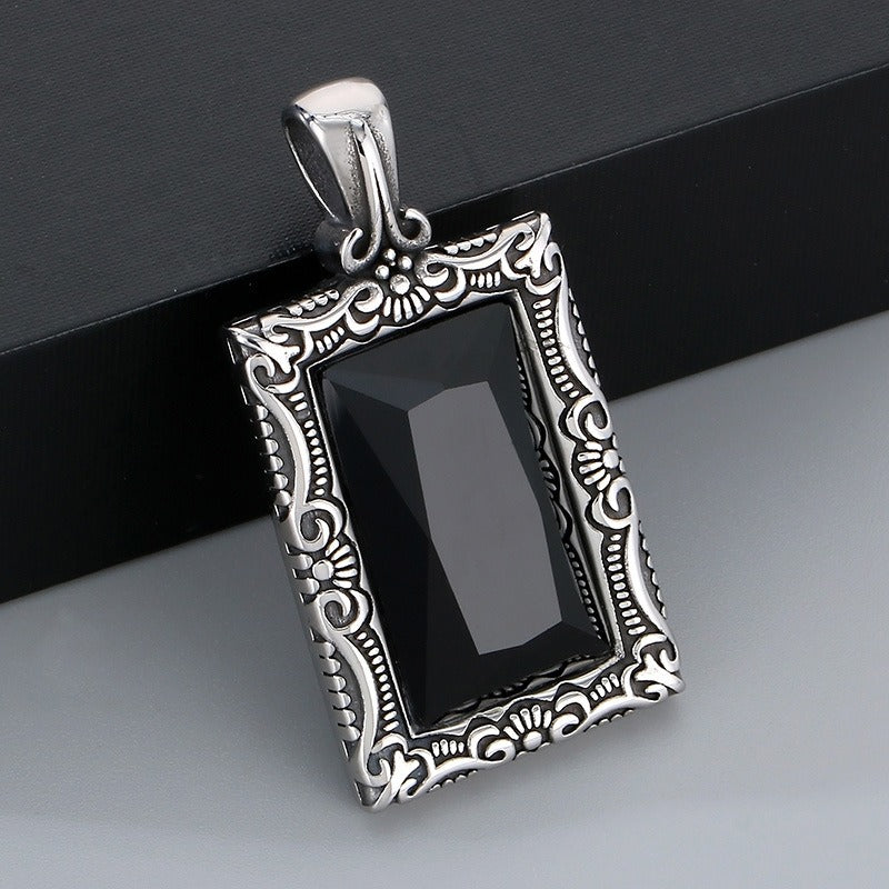 Kemstone Vintage Square Pendant – Titanium Steel Necklace with Scrollwork & Blue-Black Stone | Gothic Street Style for Men KP130520-TGX