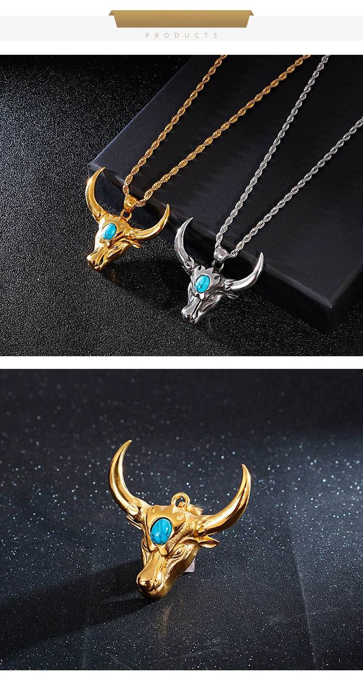 Kemstone Bull Horn Turquoise Pendant – Punk Titanium Steel Necklace for Men KP81530-K