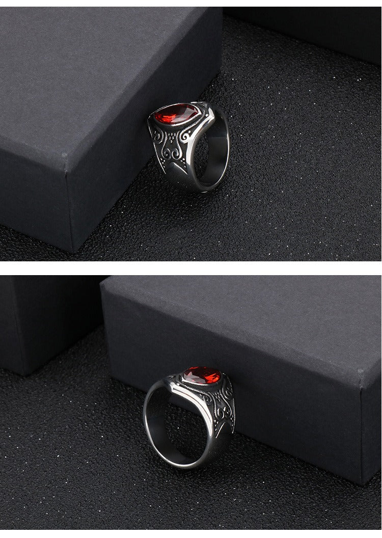 Kemstone Gothic Stainless Steel Signet Ring – Ornate Crystal Inlay Red Black White KR82457