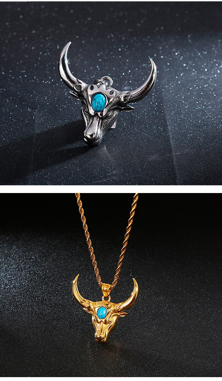 Kemstone Bull Horn Turquoise Pendant – Punk Titanium Steel Necklace for Men KP81530-K