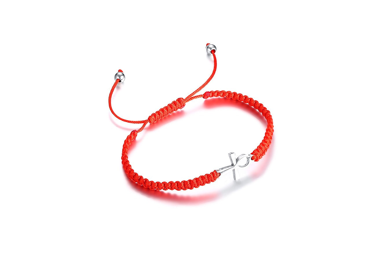 Kemstone Adjustable Ankh Cross Bracelet – Titanium Steel & Red Black Nylon Rope Men & Women BR525