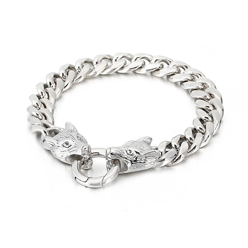 Set di catene in acciaio da uomo Kemstone - Bracciale e collana con testa di lupo per stile punk KB133023