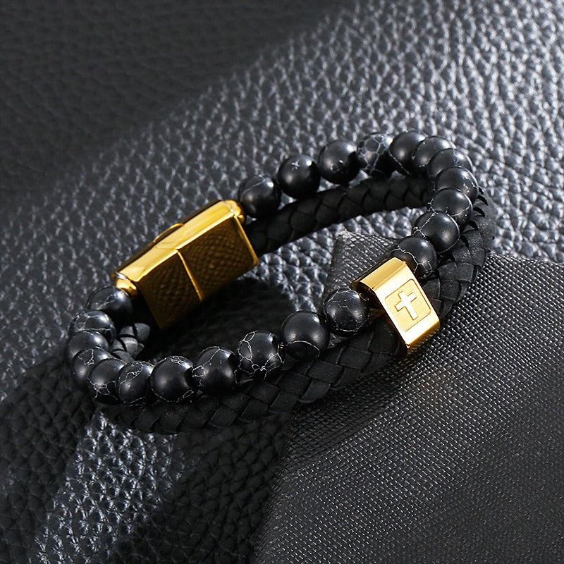 Bracciale da uomo in acciaio inossidabile Kemstone con croce in pelle e pietra turchese KB136651