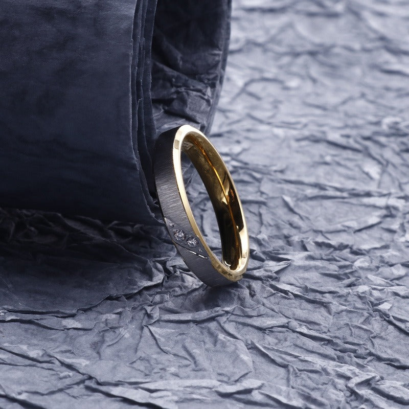 Kemstone Brushed Steel Ring for Men – 18K Gold & Crystals Accent, Gothic Minimalist Power Band KR46939-K