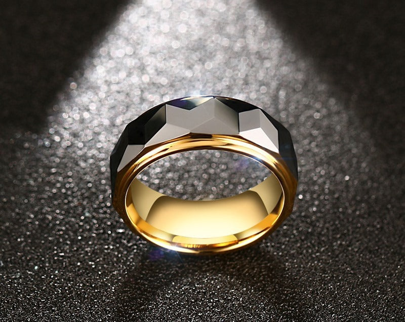 Kemstone Tungsten Steel Ring for Men – Matte Black & Gold Contrast Durable Minimalist Band TCR-043