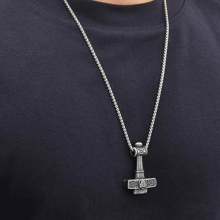 Kemston Stainless Steel Viking Thor Hammer Pendant Necklace for Men Nordic Symbol Chain PN-2416