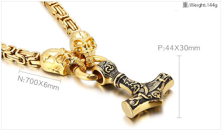 Kemstone Viking Thor’s Hammer Pendant – Stainless Steel Norse Amulet with Skull Connector KP96348
