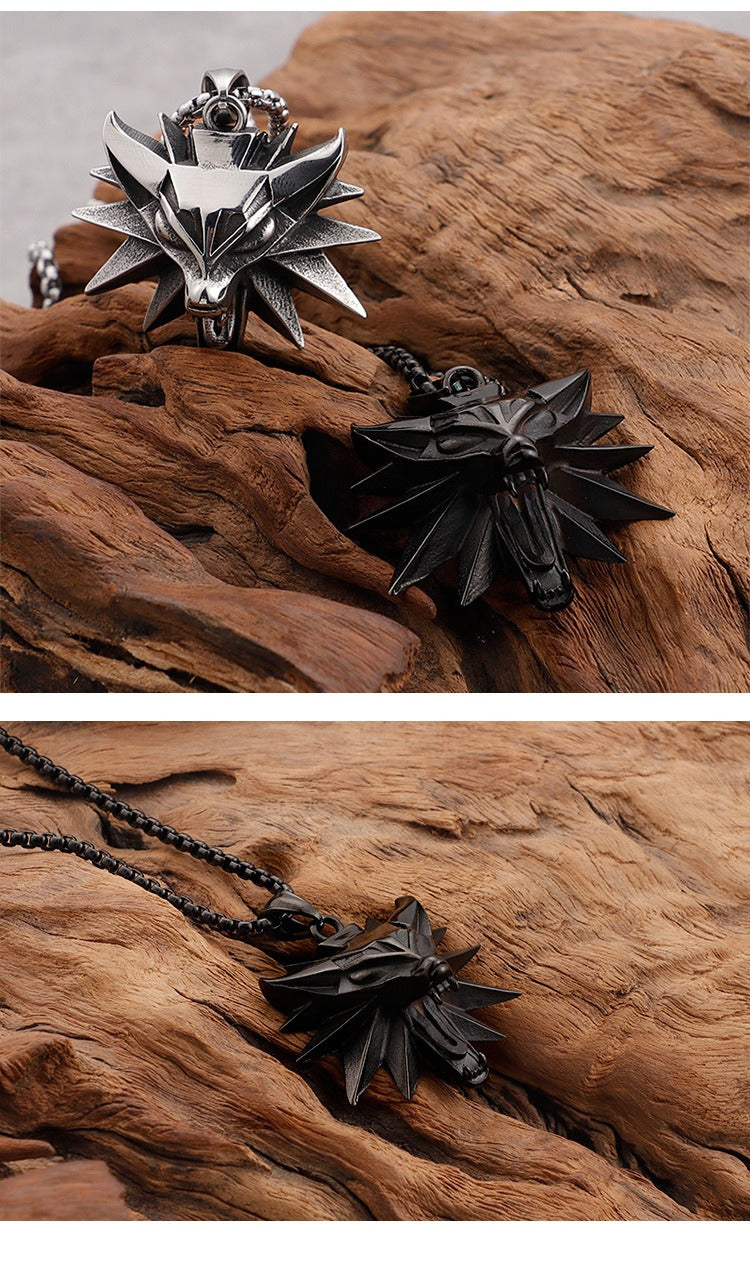 Witcher Wolf Head Pendant Necklace for Men – Gothic Viking Stainless Steel Medallion, Silver/Gold/Black KP59809-K