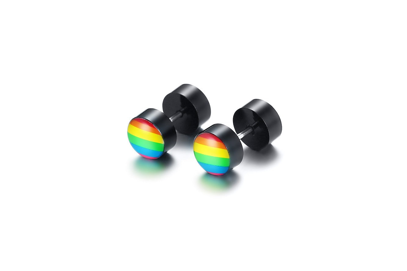 Rainbow Dumbbell Stud Earrings – Stainless Steel Pride Ear Jewelry | Street Gothic Color Edge PE-005