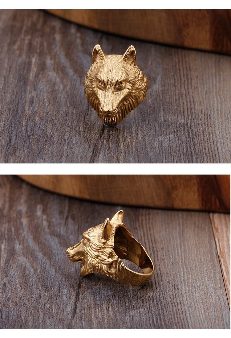 Kemstone Wolf Head Ring for Men – 18K Gold Plated Stainless Steel Gothic Norse Power KR48276-K
