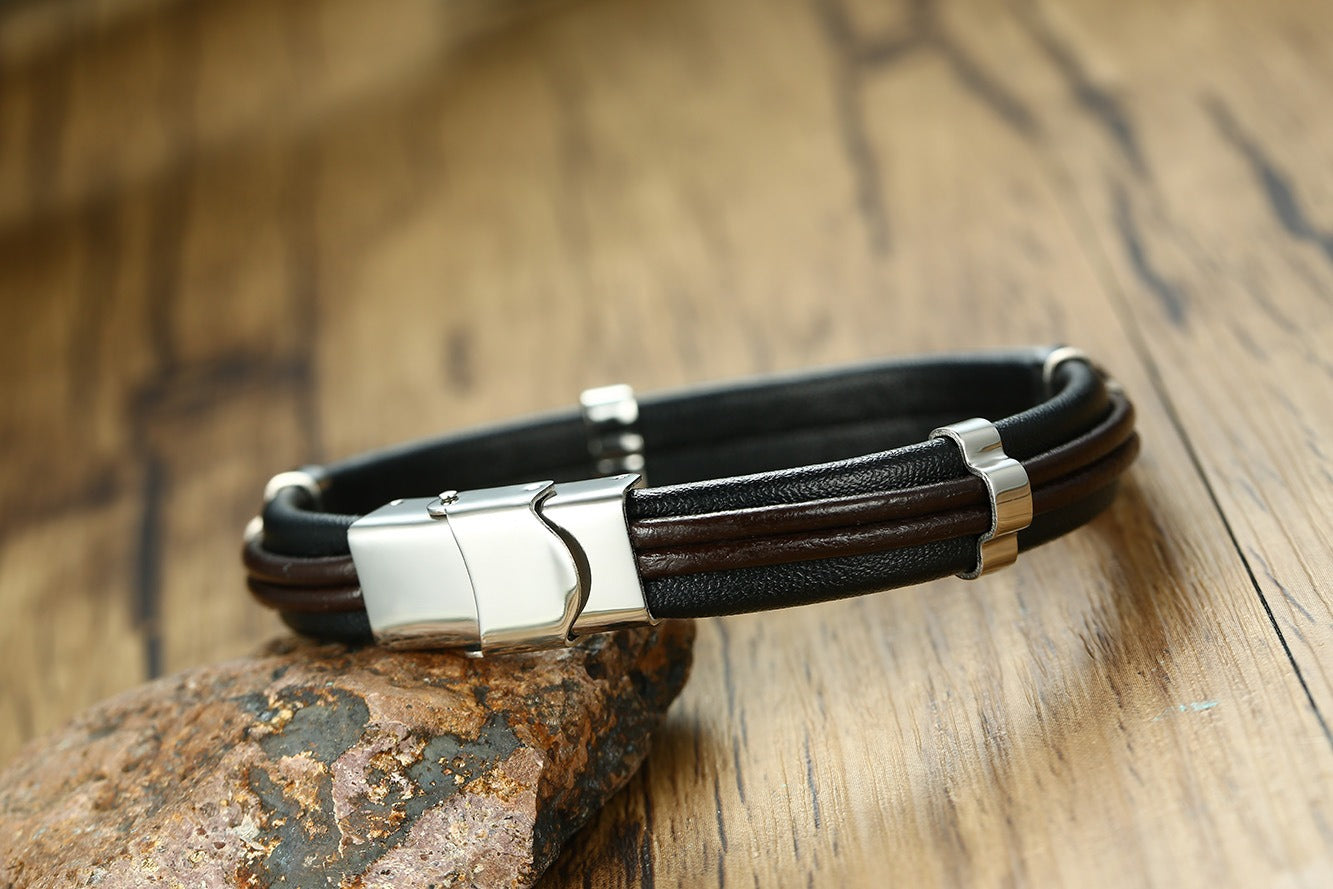 Men's Black Leather Bracelet with Matte Stainless Steel Plate – Gothic Street Power Style BL-344