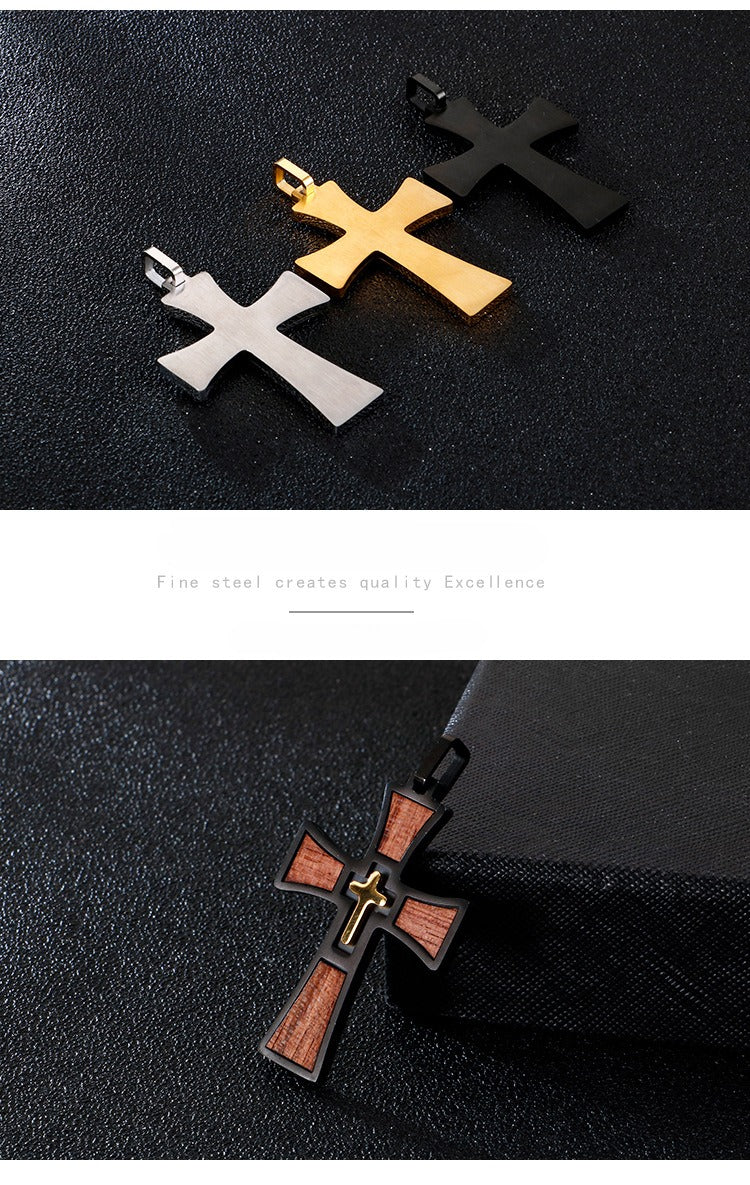 Kemstone Layered Stainless Steel & Wood Cross Pendant – Gothic Totem Necklace KP93475