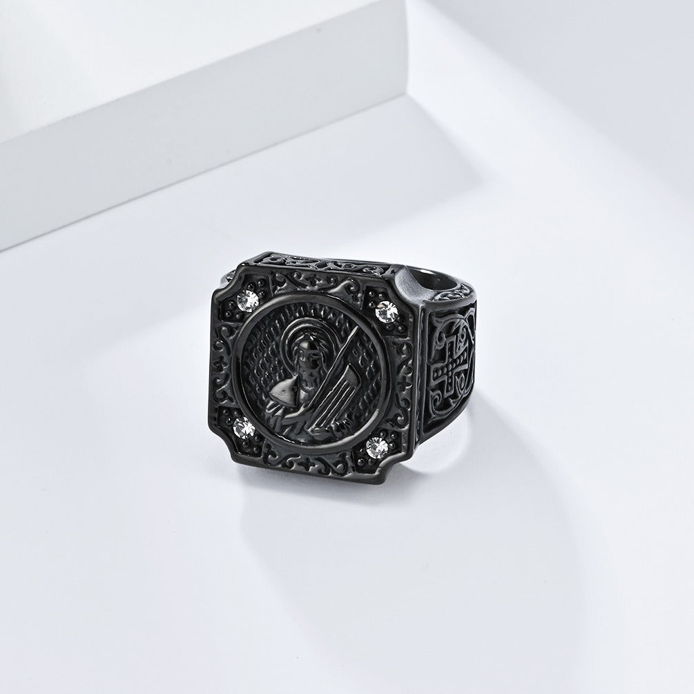 Kemstone Titanium Steel Cross Portrait Signet Ring for Men K-R870