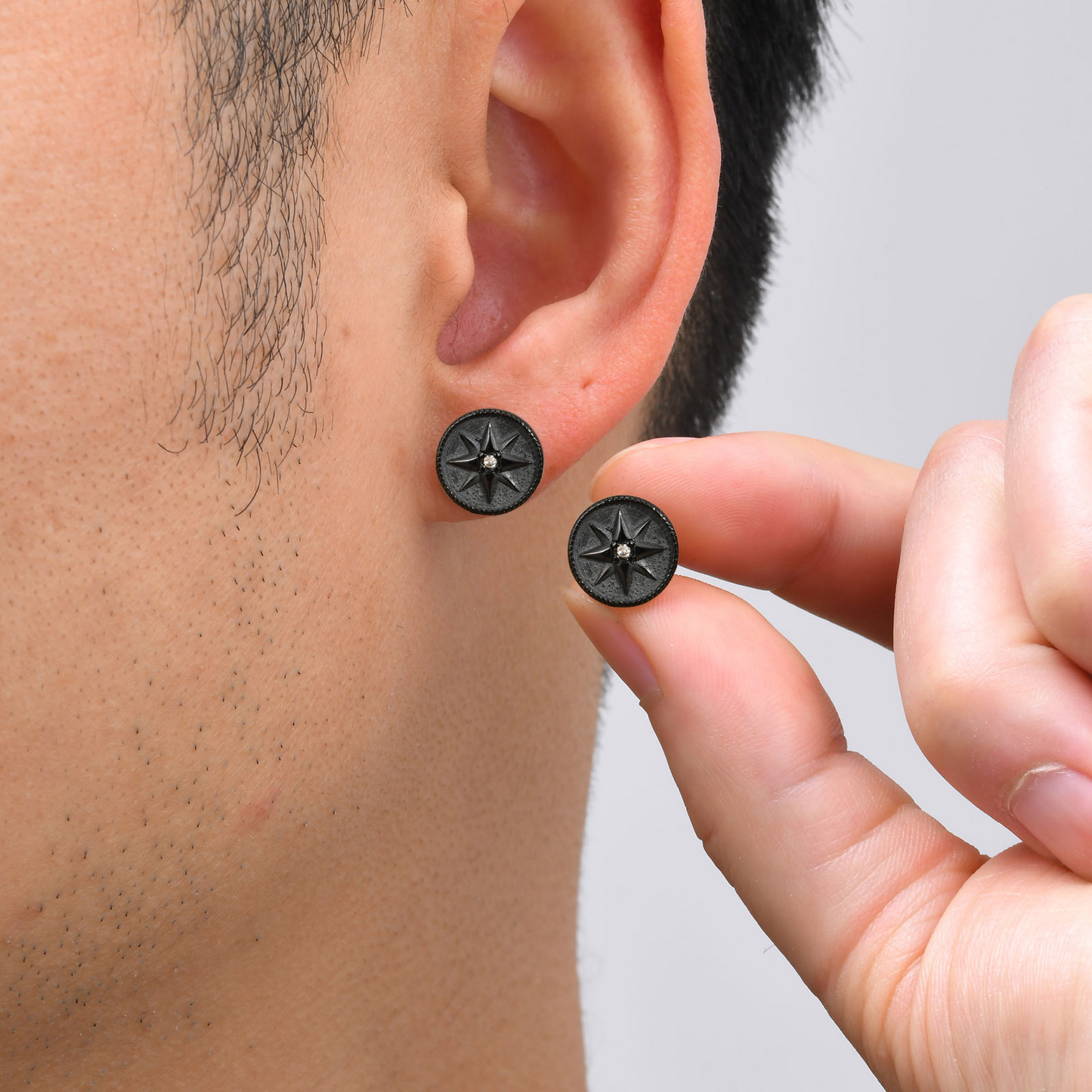 Kemstone Men’s Stainless Steel Eight-Point Star Stud Earrings – Black Vintage ES-555