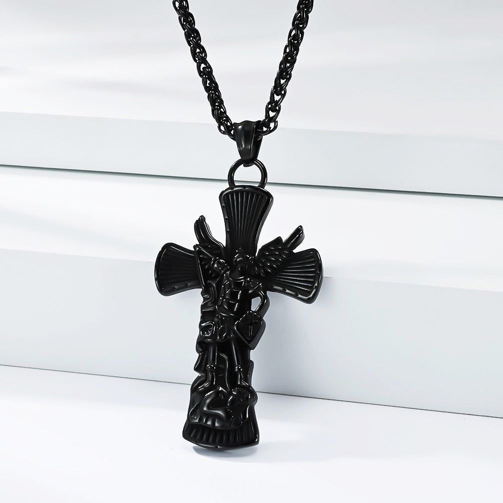 Kemstone Stainless Steel Cross Necklace for Men Angel Figure Detailed Pendant Chain Silver Gold Black K-PT706