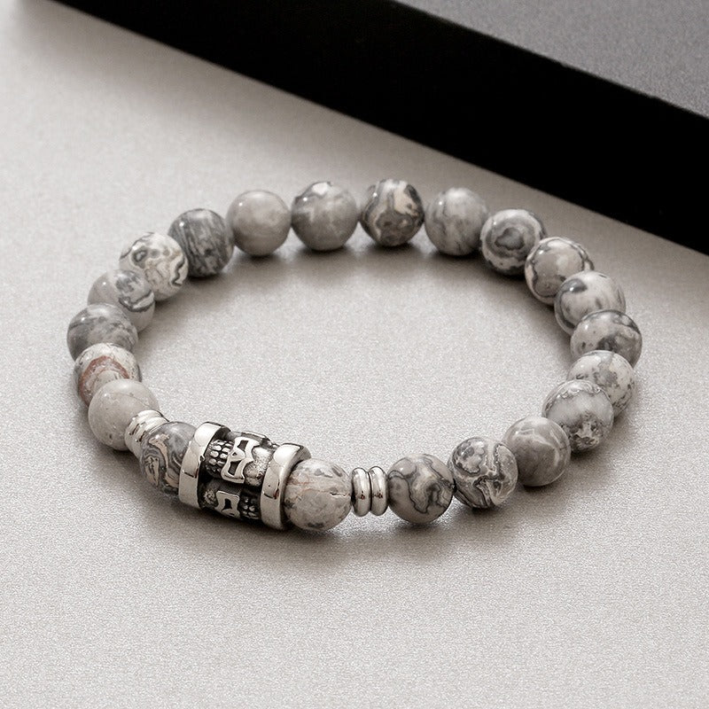 Kemstone Vintage Skull & Natural Stone Beaded Bracelet – Titanium Steel Men’s Jewelry KB183247-TLX