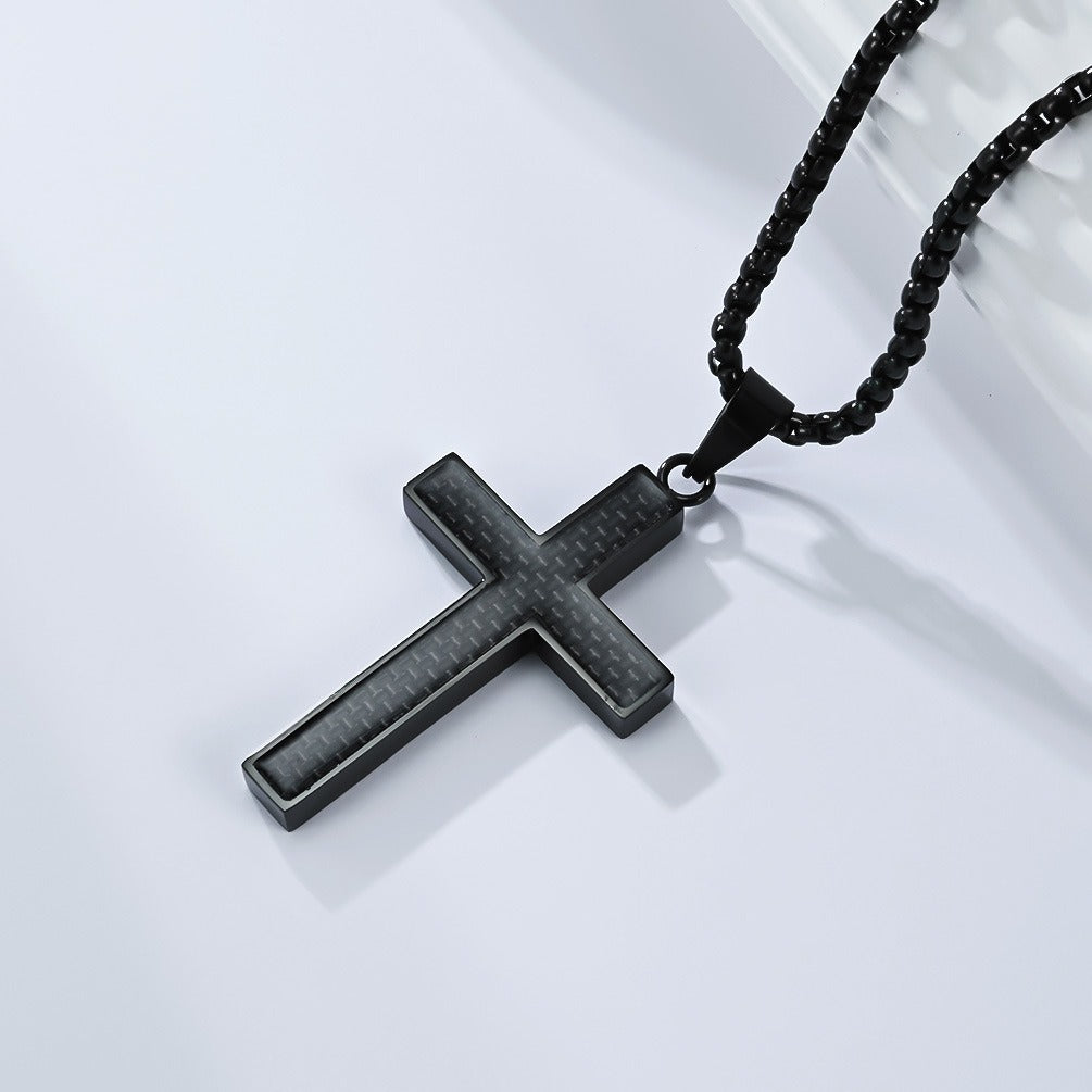 Kemstone Stainless Steel Cross Necklace for Men – Carbon Fiber Inlay Pendant K-PT666