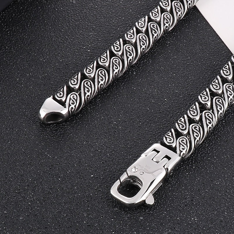 Kemstone Punk Vintage Distressed Geometric Buckle Men's Titanium Steel Inlaid Cubic Zirconia Cuban Chain Necklace KN232322