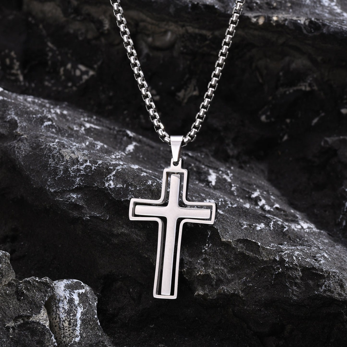 Men’s Rotating Cross Pendant Necklace – Gothic Dual-Layer Stainless Steel Chain PN-1998