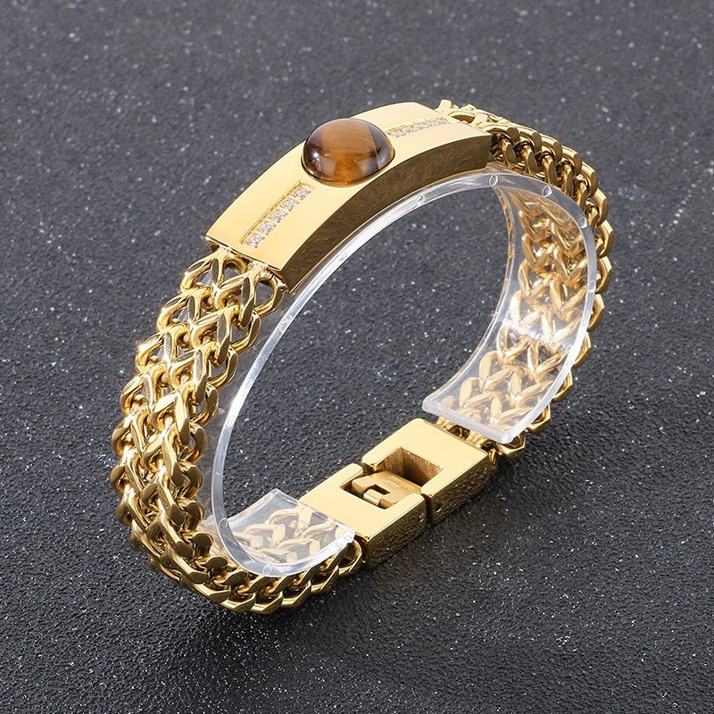 Kemstone Hiphop Zirconia-Encrusted Vintage Dual-Chain Tiger's Eye Stone Curb Men's Bracelet KB187685