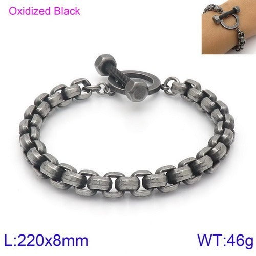 Kemstone Retro Hammered Barbell Titanium Steel Bracelet for Men: Vintage Style with Double Chain Detail KB123280