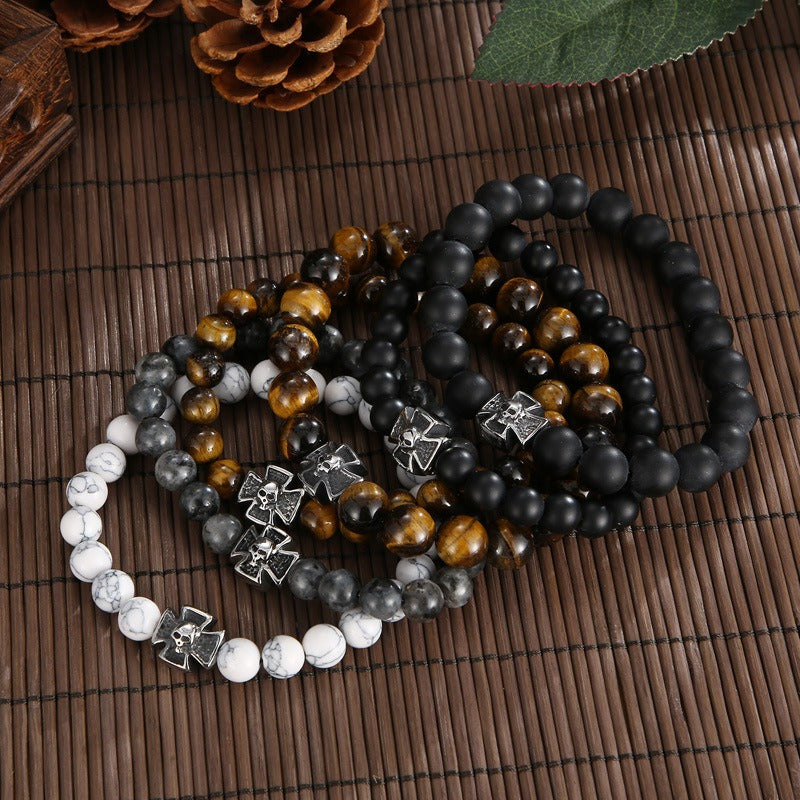 Kemstone Black Onyx Skull Bracelet – Gothic Cross, Howlite & Tiger Eye Beads with Adjustable Titanium Steel Chain for Men KB70686-BD