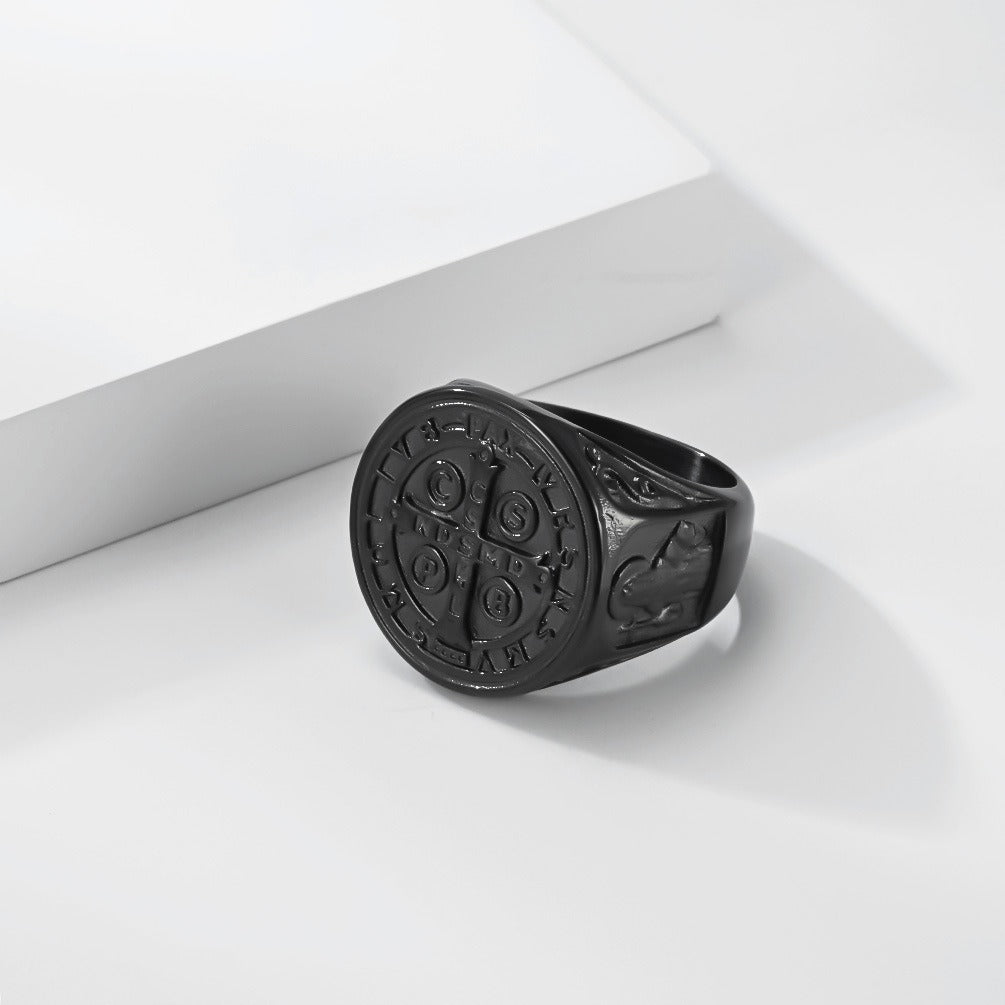 Kemstone Stainless Steel Cross Medallion Ring for Men Vintage Engraved Coin Signet Seal Symbol Silver Gold Black K-R1143