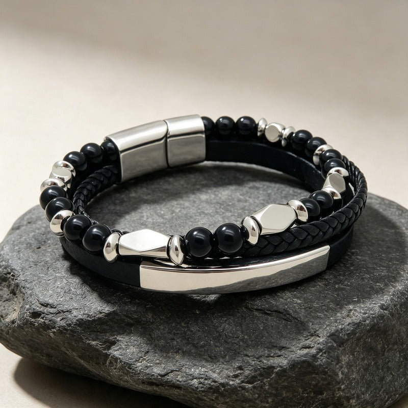 Kemstone Tiger Eye Beaded Bracelet for Men Titanium Steel Leather Detail KB214776-SJ