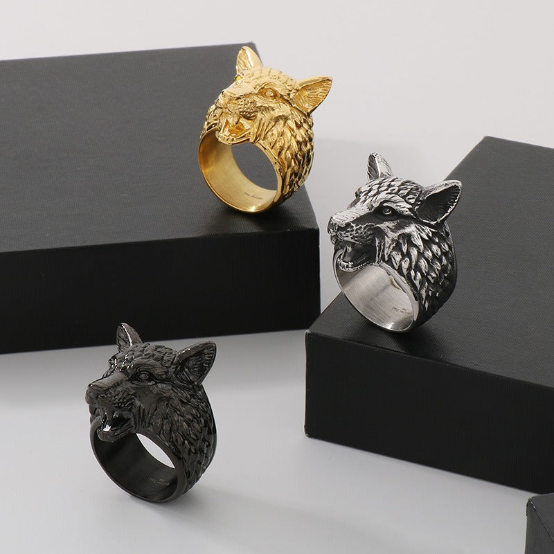 Kemstone Viking Wolf Head Ring – Distressed Stainless Steel Punk Men's Jewelry KR111182-KJX