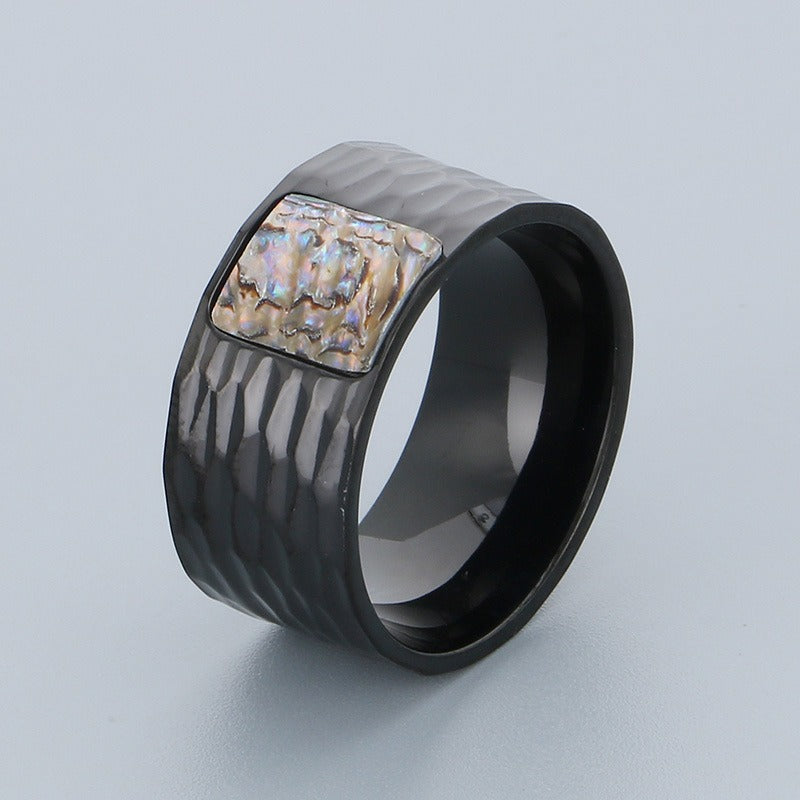 Kemstone Men’s Abalone Shell Ring – Hand-Hammered Stainless Steel Band KR110050