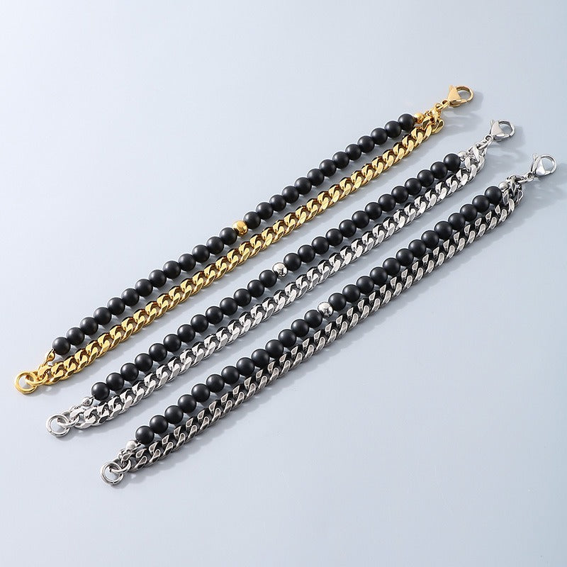 Kemstone Dual-Layer Onyx & Cuban Chain Bracelet – Stainless Steel Power Symbol KB185323-Z