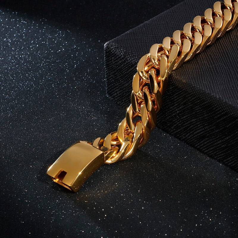 Kemstone Men’s Polished Cuban Chain Bracelet – 12mm/15mm Stainless Steel Urban Biker KB56160-D