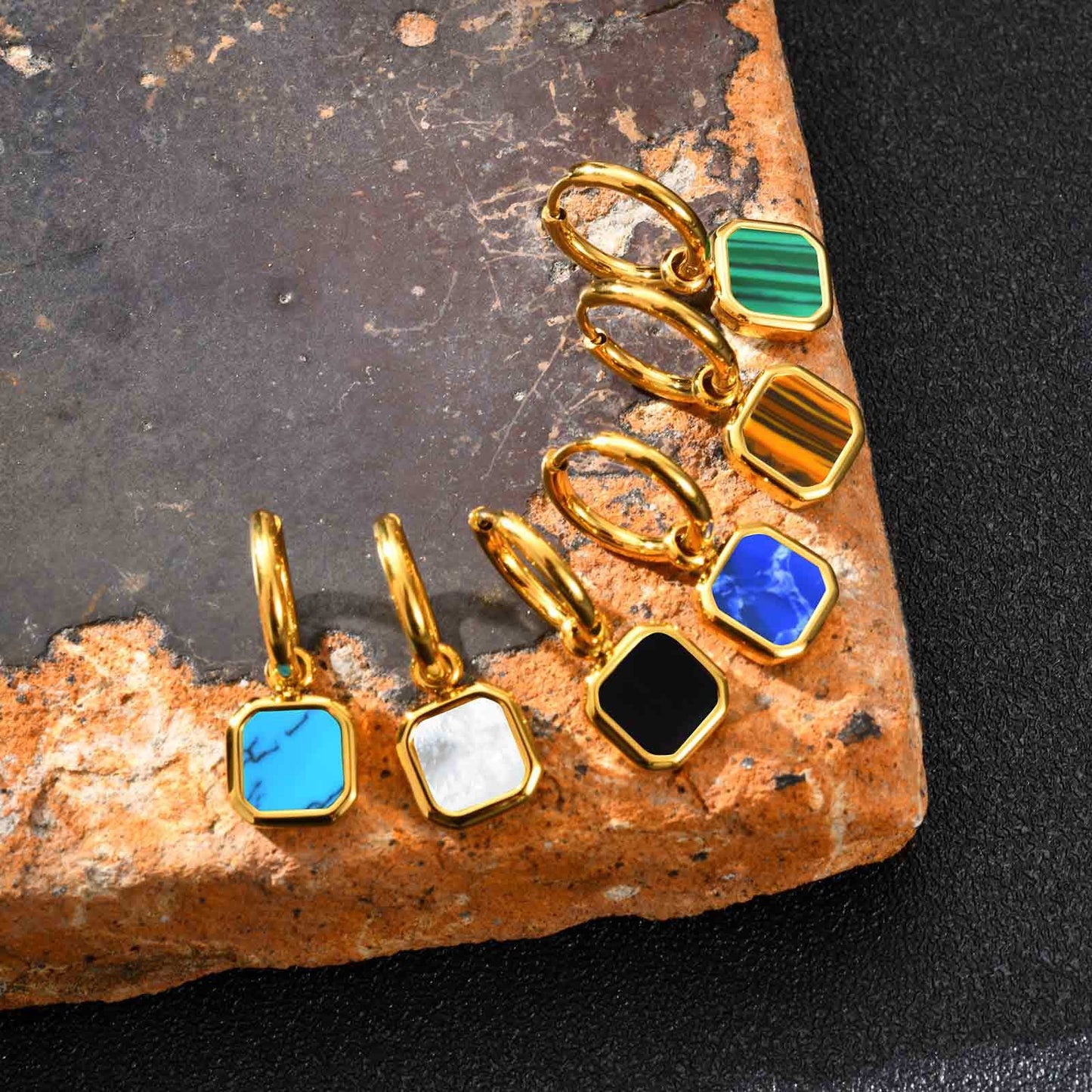 Kemstone Men & Women’s Stainless Steel Square Drop Earrings – Shell, Tiger Eye, Malachite ED-936