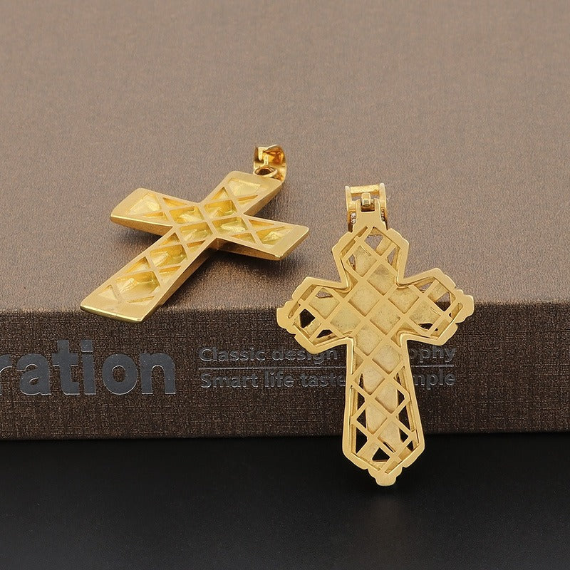 Kemstone Titanium Steel Gold Dual Cross Pendant Necklace – Hip Hop Cubic Zirconia Hollow Design KP130467
