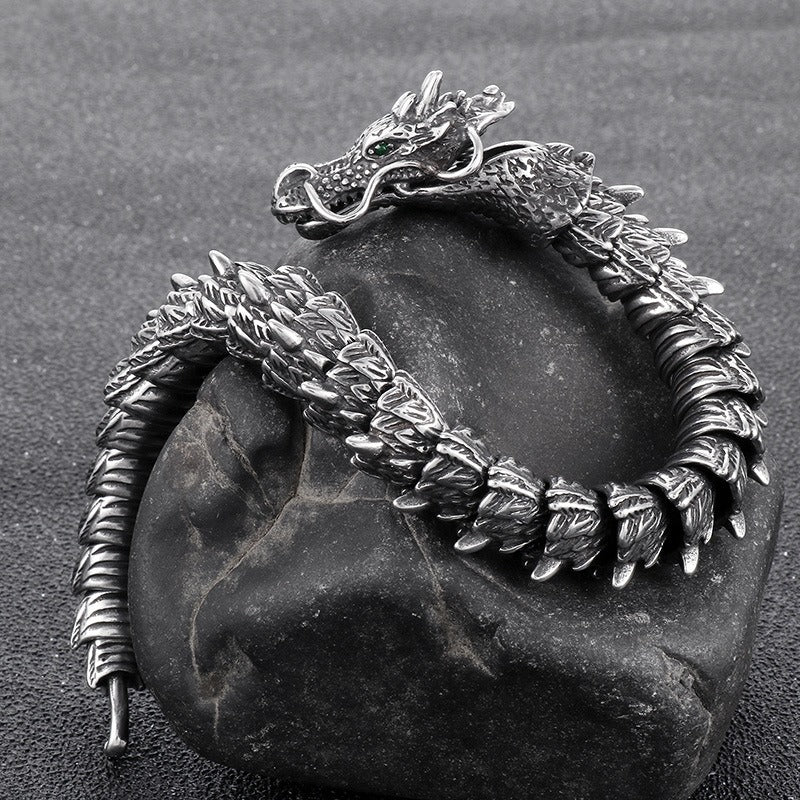 Kemstone Men’s Dragon Head Bracelet – Blackened Stainless Steel with Green Eyes KB170307