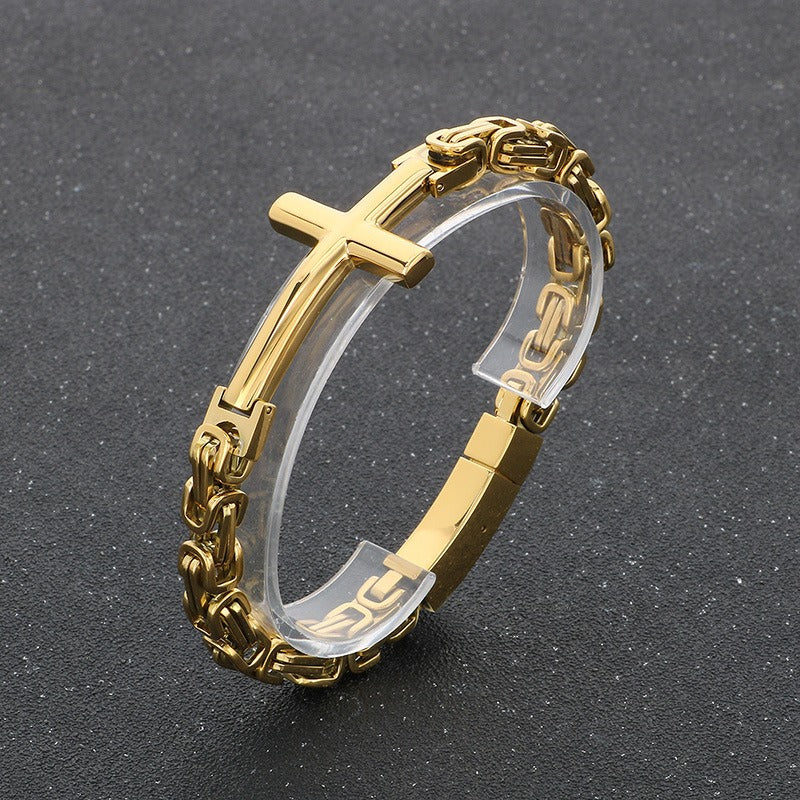 Kemstone Rock Revival Cross Cuff - Byzantine Chain Titanium Bracelet for Men with Vintage Gothic Motif KB190501