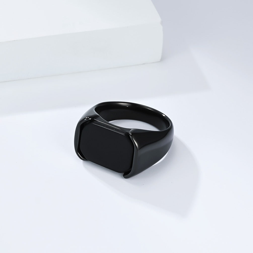 Kemstone Men’s Stainless Steel Black Stone Ring – Minimalist Signet K-R1076
