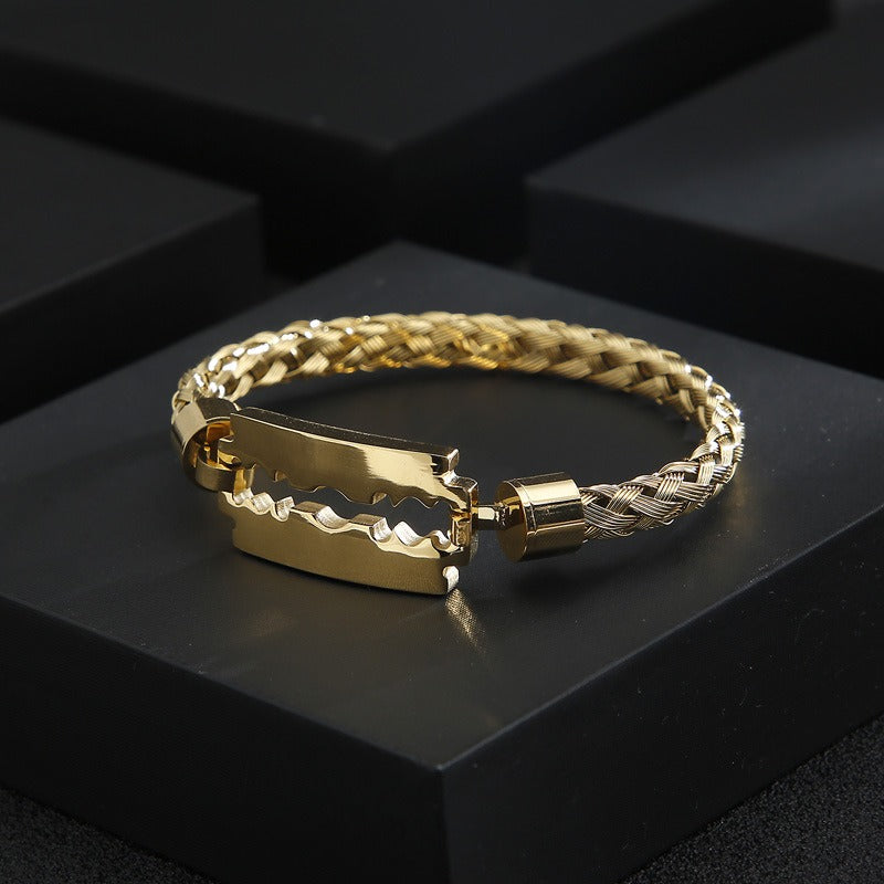 Kemstone Titanium Steel Cuff Bracelet for Men - Braided Blade Design with Premium Electroplated Finish KB130548