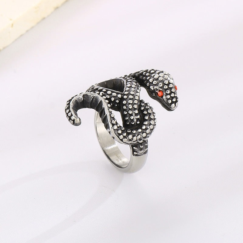 Kemstone Serpentine Titanium Steel Ring - Coiled Snake Design with Ruby Eyes, Vintage Gothic Jewelry for Men KR105952