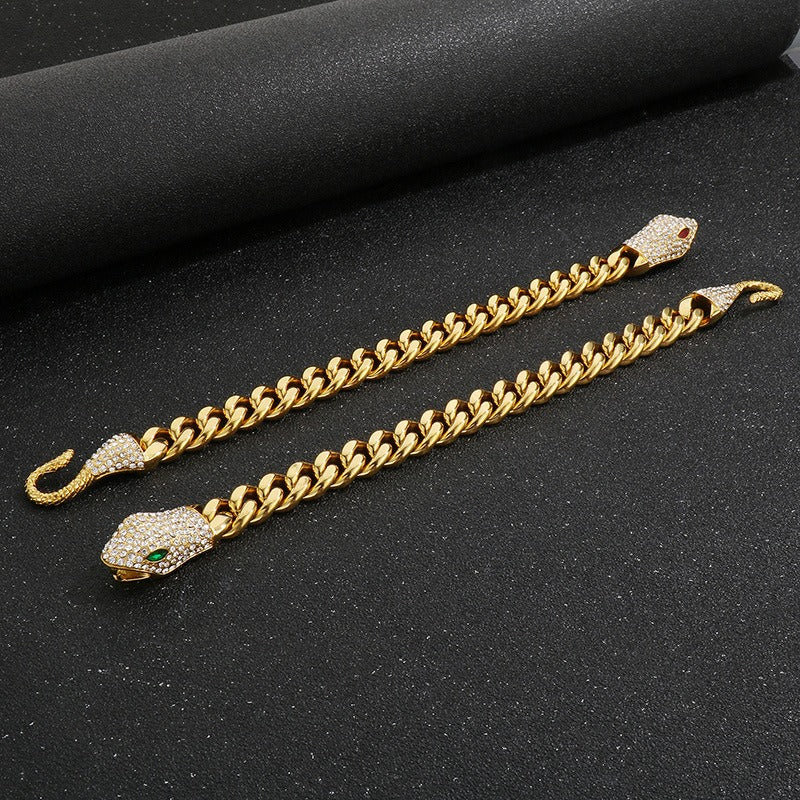 Kemstone Titanium Steel Cuban Chain Bracelet – Double-Sided Polished Hip Hop Snake Head, Green or Red Eyes KB185251