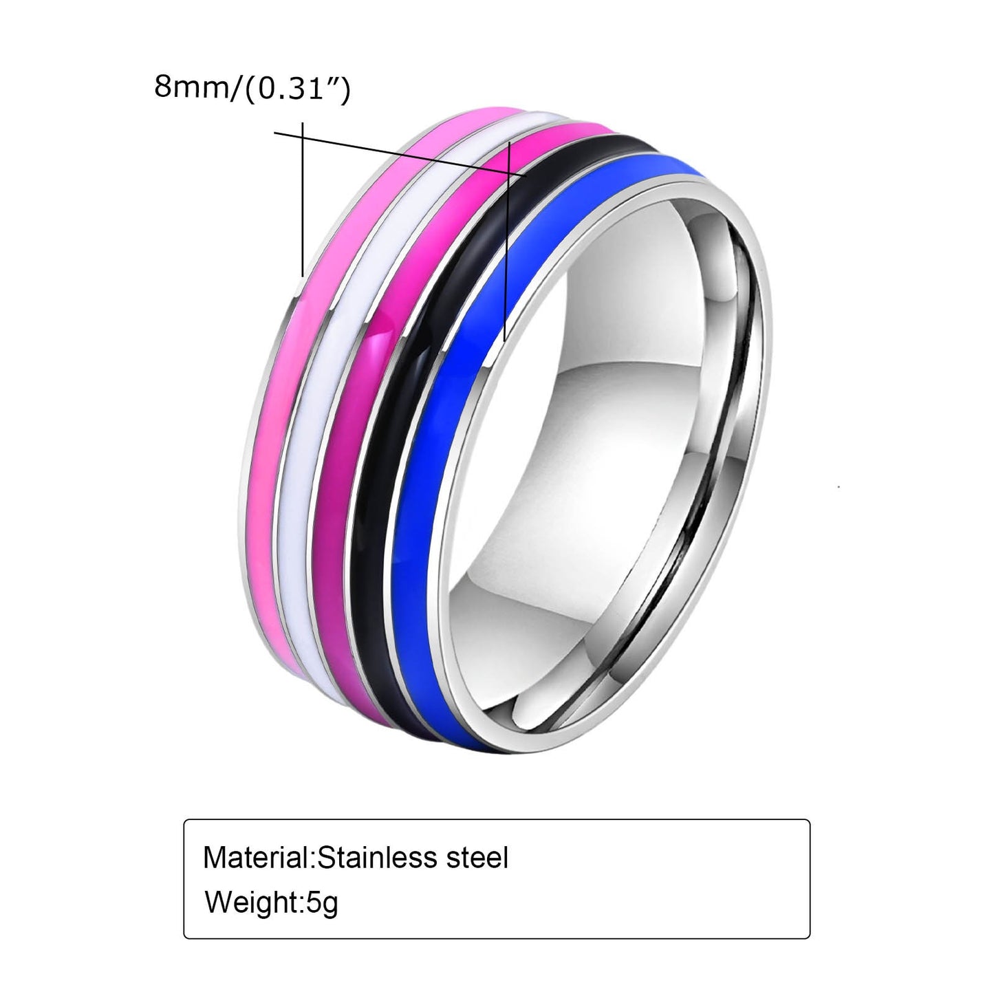 Anillo de cinta arcoíris Kemstone de 8 mm | Joya llamativa de acero de colores para uso diario y regalo PR-033